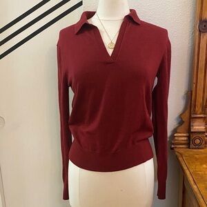 Burgundy v neck Long Sleeve Collared Sweater